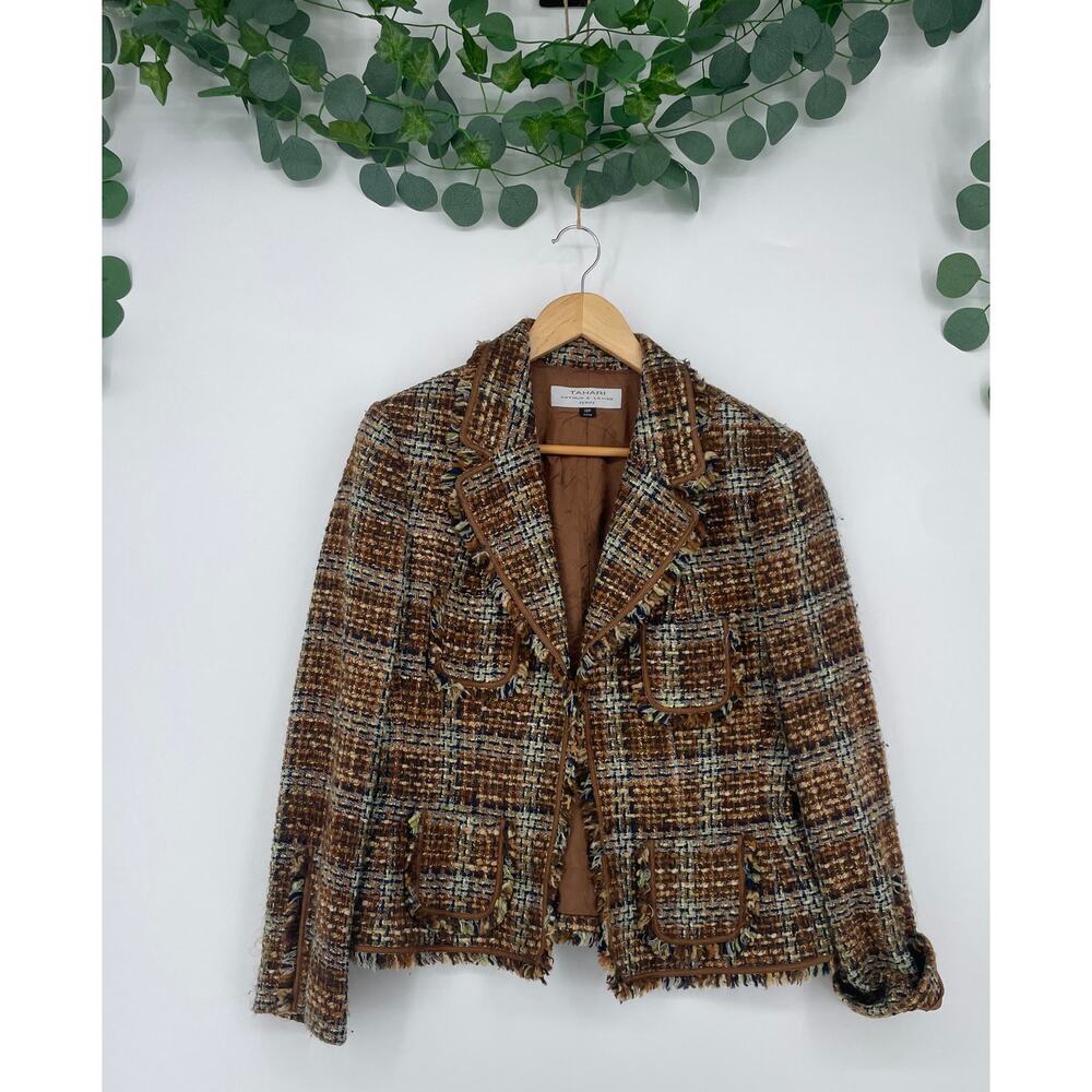 Tahari Brown Tweed Boucle Womans Lined Blazer Jacket 12P